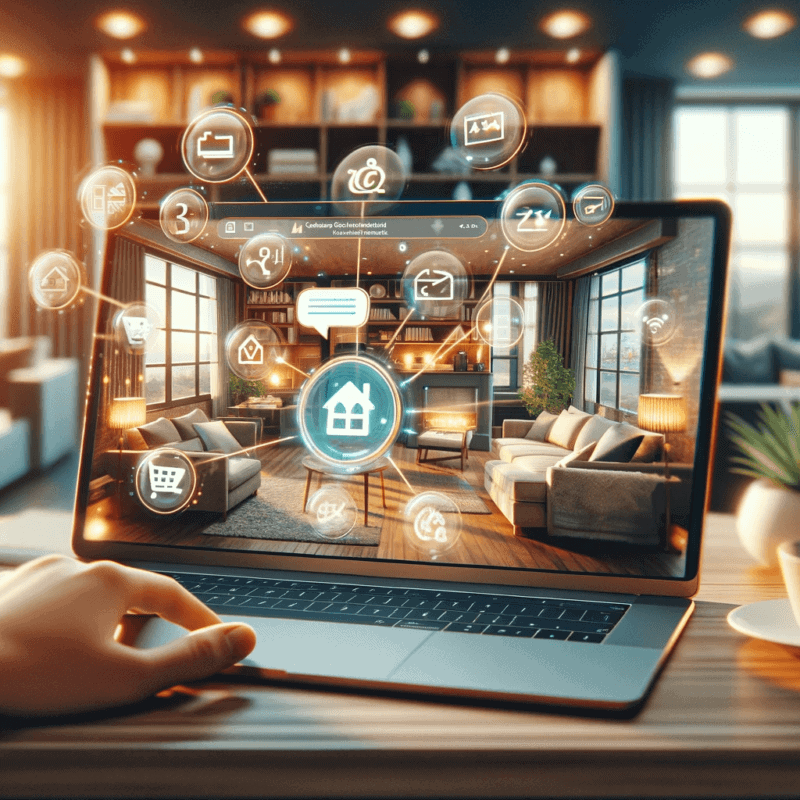 Banner depicting ChatGPT interface on a laptop for vacation rental management, with a cozy rental property in the background, symbolizing AI-enhanced hospitality.