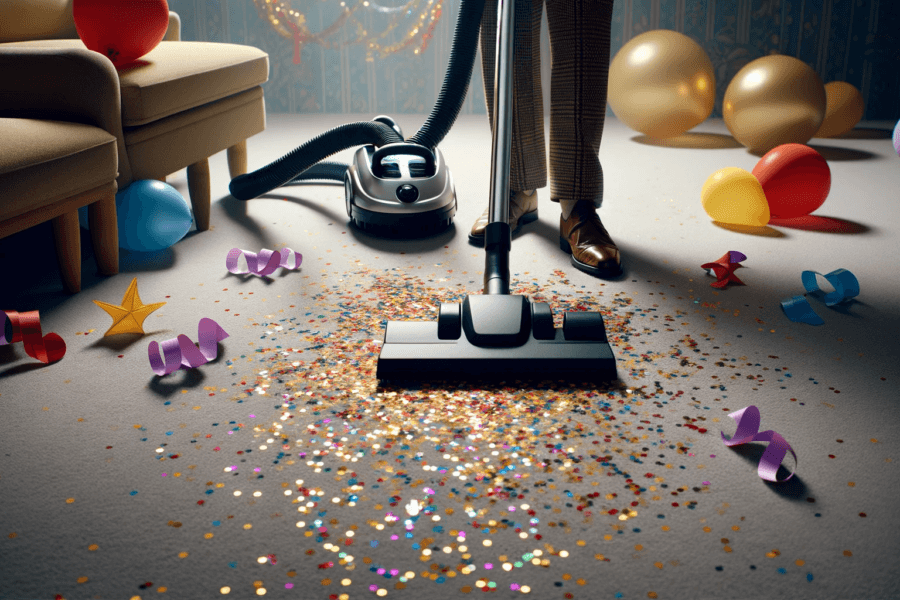 A person vacuuming confetti from a carpet, highlighting post-party cleanup in a room with party decorations.